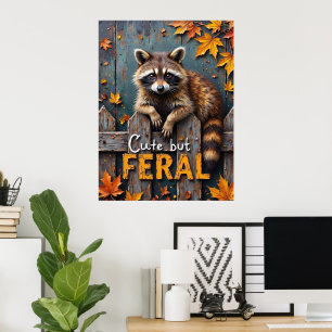 Herfst Prowler: Wasbeer op een verweerd hek Poster