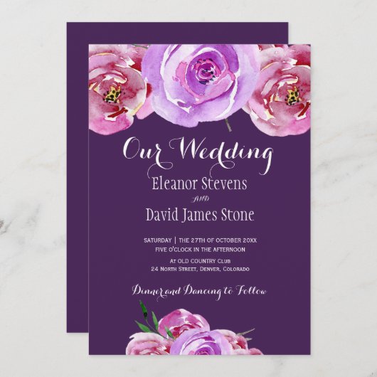 Herfst pruim blush roze lila pioenrozen chique bru kaart (Voorkant / Achterkant)