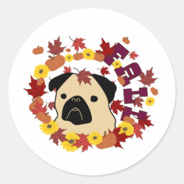 Herfst Pug met bladeren, pompoenen en zonnebloemen Ronde Sticker