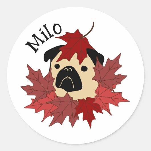 Herfst Pug met bladeren Ronde Sticker (Voorkant)