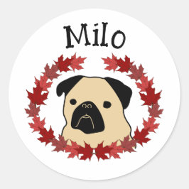 Herfst Pug met Split Leaf Krans Ronde Sticker