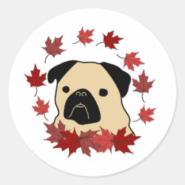 Herfst Pug met Tossed Leaf Krans Ronde Sticker