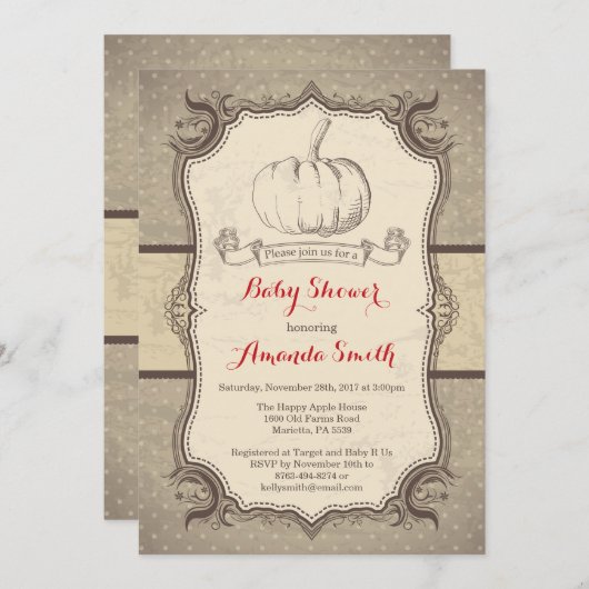 Herfst Pumpkin Baby shower Uitnodiging  Retro (Voorkant / Achterkant)