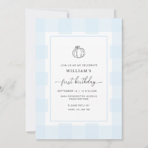 Herfst Pumpkin Blue Gingham 1e verjaardag Uitnodig Kaart