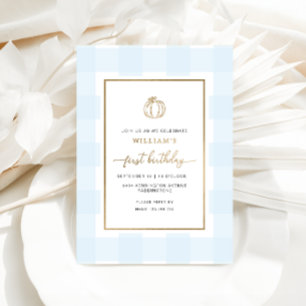 Herfst Pumpkin Blue Gingham Birthday Folie Uitnodiging