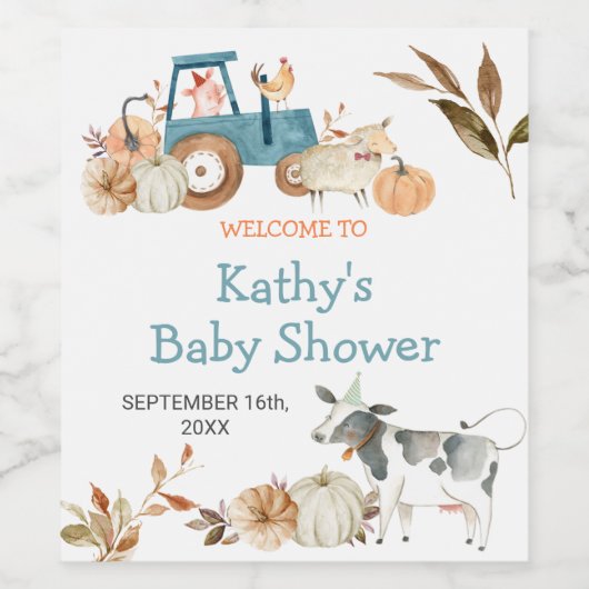 Herfst Pumpkin Boerderij Animal Tractor Floral Wijn Etiket (Enkel label)