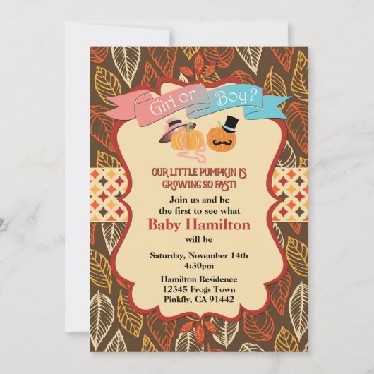 Herfst Pumpkin Gender Reveal Invitation, Kaart (Voorkant)