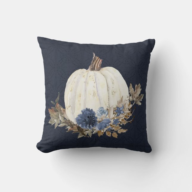 Herfst Pumpkin Navy Blue Waterverf Floral Foliage Kussen (Voorkant)