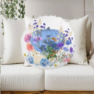 Herfst Pumpkin Pastel Blue Botanical Floral Rond Kussen