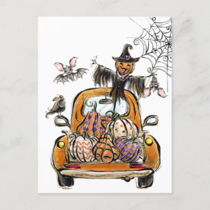 Herfst Pumpkin Patch Truck met vleermuizen Feestdagenkaart