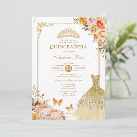 Herfst Pumpkin Rozen Quinceañera Princess Mis Quin Kaart (Staand voorkant)