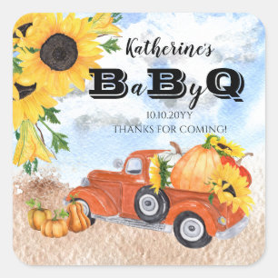 Herfst Pumpkin Truck   Zonnebloemen Baby BBQ Showe Vierkante Sticker