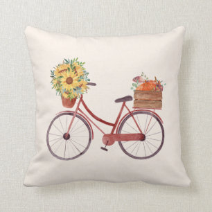 Herfst.  Red Bike met pompoenen en zonnebloemen  Kussen