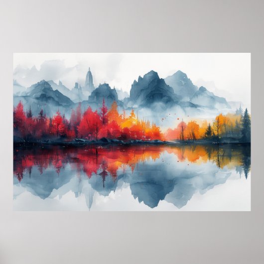 Herfst Reflecties: Misty Lake Panorama Poster (Voorkant)
