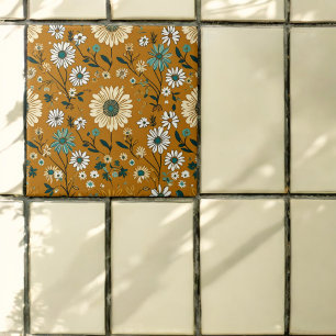 Herfst Retro Boho Mosterd Bloemen Patroon Tegeltje