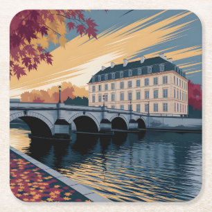 Herfst Rivier Europees Stadsillustratie Kunst Vierkante Kartonnen Onderzetter