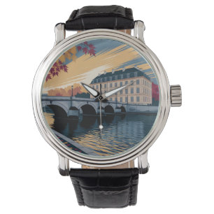 Herfst Rivier Europese Stads Illustratie Kunst Horloge