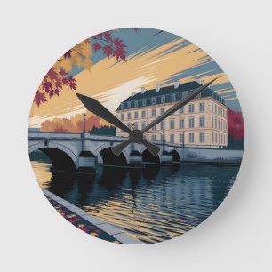 Herfst Rivier Europese Stads Illustratie Kunst Ronde Klok