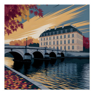 Herfst Rivier Europese Stadsillustratie Kunst Perfect Poster