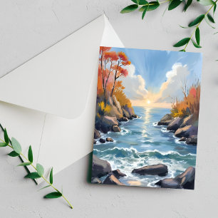 Herfst Rivier Zonlicht Landschap Waterverf Kaart