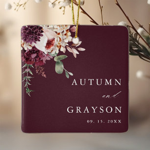 Herfst Romantiek Elegante Bourgondische Trouwfoto Keramisch Ornament