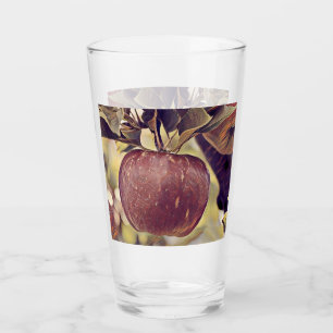 Herfst rood appelfruit en laat waterverf achter glas