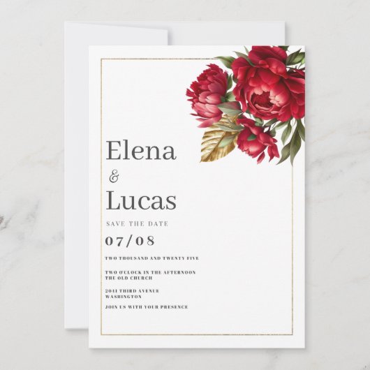 Herfst rood goud groene pioenen bloemenbruiloft kaart (Voorkant)