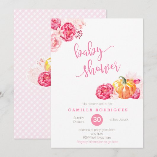 herfst roze baby shower nodigt uit, scriptletterpo kaart (Voorkant / Achterkant)