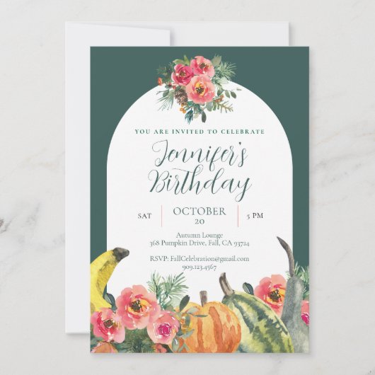 Herfst Roze Bloemen Levendige Pompoenen Verjaardag Kaart (Voorkant)