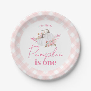 Herfst Roze Gingham Kleine Pompoen Eerste Verjaard Papieren Bordje