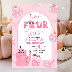 Herfst Roze grillige Retro Tea Girl 4e verjaardag Kaart