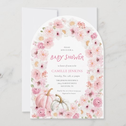 Herfst Roze Pompoen en Bloemboog Kaart (Voorkant)