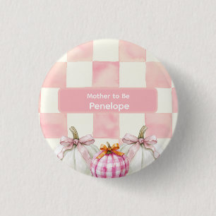 Herfst Roze Pompoen Gingham Baby shower Moeder te  Ronde Button 3,2 Cm