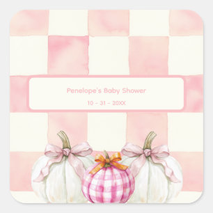 Herfst Roze Pompoen Gingham Meisje Baby shower Vierkante Sticker