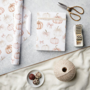 Herfst Roze Strikken Witte Oranje Pompoenen Cadeaupapier