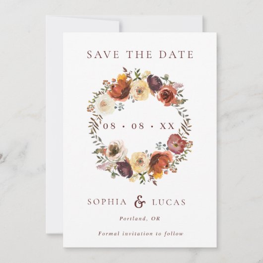 Herfst Rust Burgundy Wreath Wedding Save The Date (Voorkant)