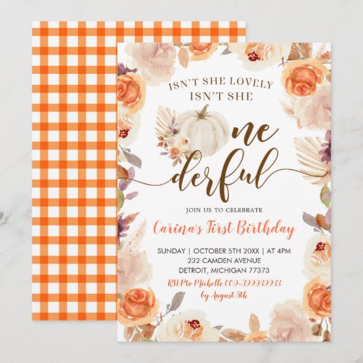Herfst Rustic Boho Pumpkin Onederful Birthday Invi Kaart (Voorkant / Achterkant)