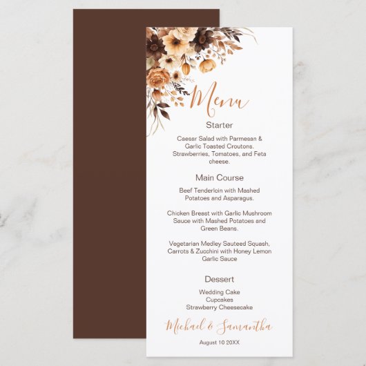 Herfst Rustic Brown en Ivoor Roos Country Wedding Menu (Voorkant / Achterkant)