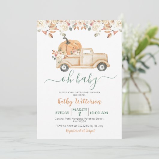 Herfst Rustic Peach Pumpkin Baby shower Kaart (Staand voorkant)