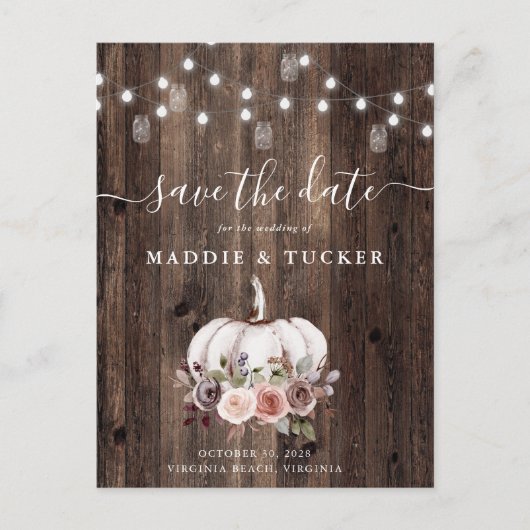 Herfst Rustic Pumpkin String Lights Save the Date Aankondigingskaart (Voorkant)