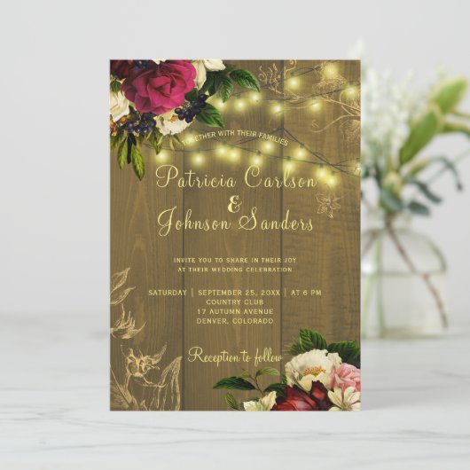 Herfst rustiek hout en twinkle lights bloemenbruil kaart (Staand voorkant)