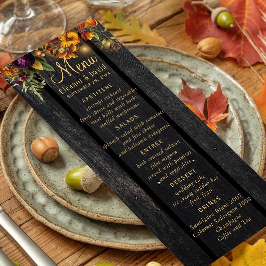 Herfst rustige floral chic elegant wood bruiloft menu