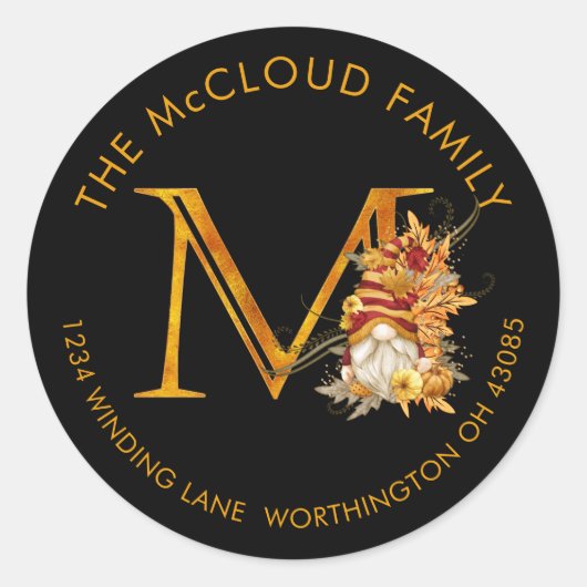 Herfst Seizoen Gnome Monogram Letter M Address Lab Ronde Sticker (Voorkant)