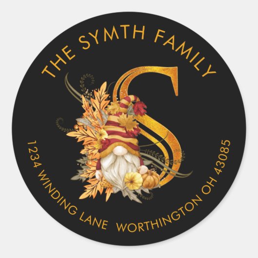 Herfst Seizoen Gnome Monogram S-adreslabel Ronde Sticker (Voorkant)