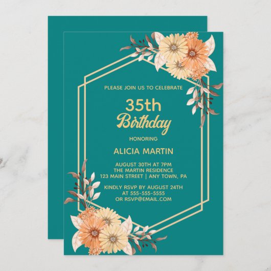 Herfst Sinaasappel Bloem Goud Blauwgroen Vrouw Vol Kaart (Voorkant / Achterkant)