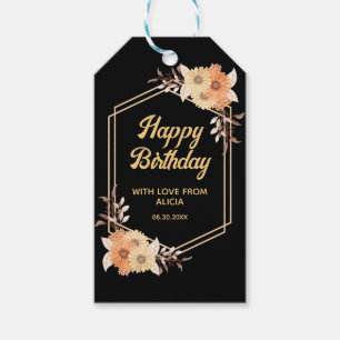 Herfst Sinaasappel Flower Gold Black Happy Birthda Cadeaulabel