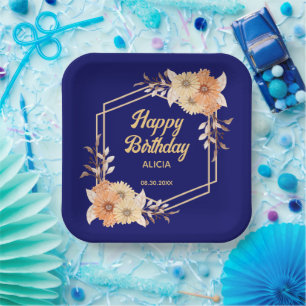 Herfst Sinaasappel Flower Gold Navy Blue Happy Bir Papieren Bordje