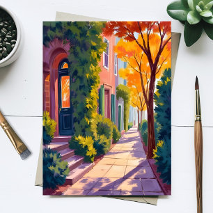 Herfst Stad Straat Gloed   Knus Herfst Aquarel Briefkaart