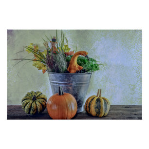 Herfst stilleven met pompoenen, bloemen perfect poster