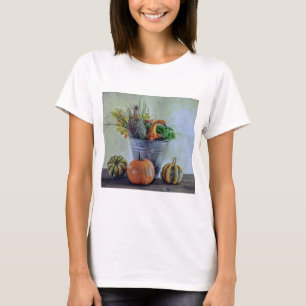 Herfst stilleven met pompoenen, bloemen t-shirt